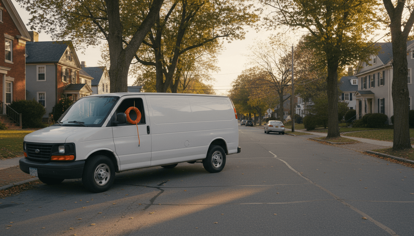 White work van parked on a residential street in Clinton, Massachusetts