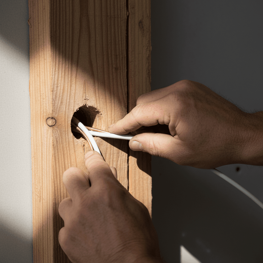 Electrician's hands feeding electrical wire through a stud in a raw framing wall