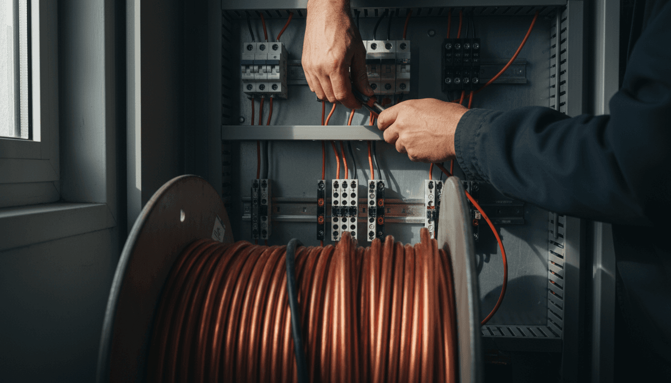 Electrician's hands working inside a residential electrical panel with copper wiring