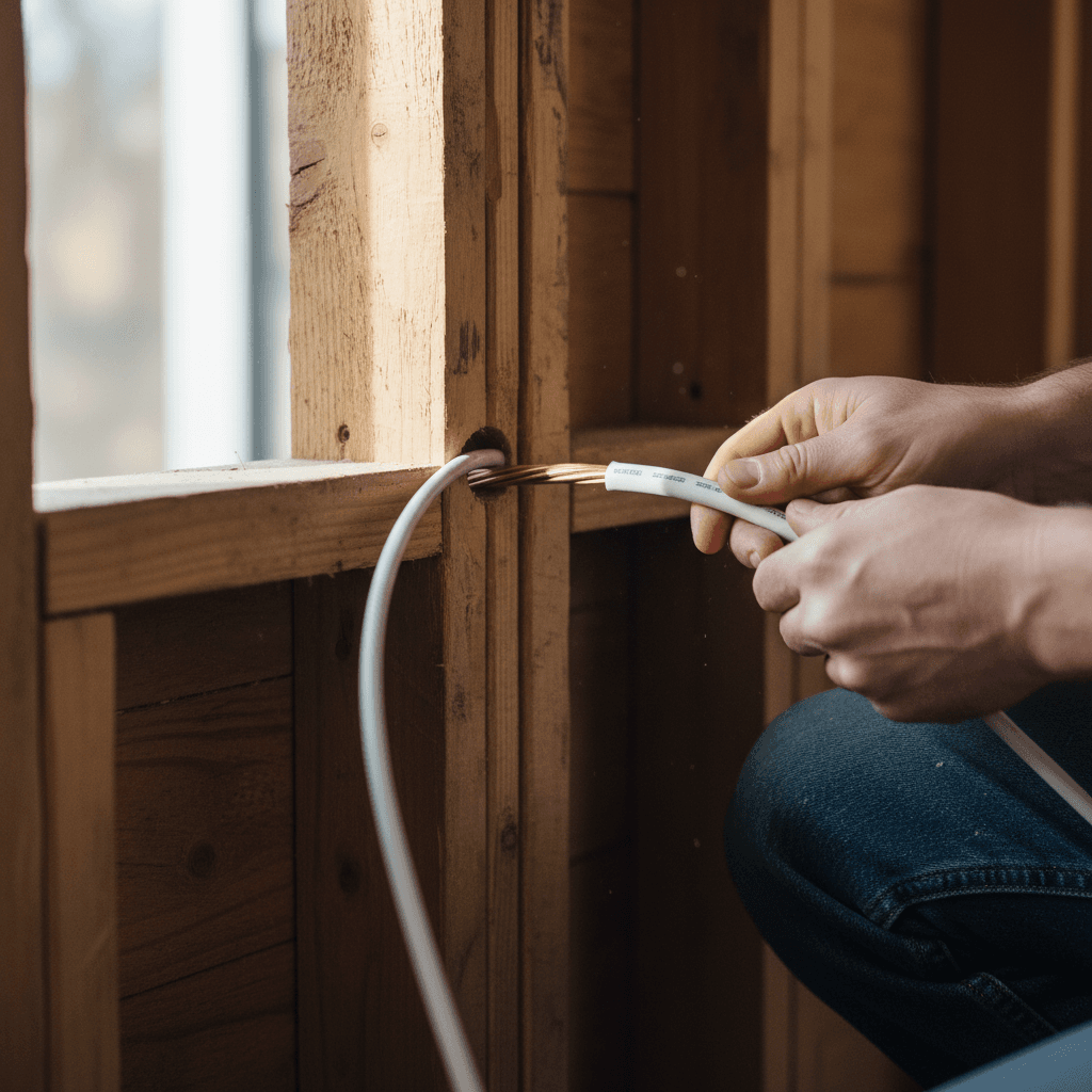 Electrician running Romex wiring through new construction wall studs