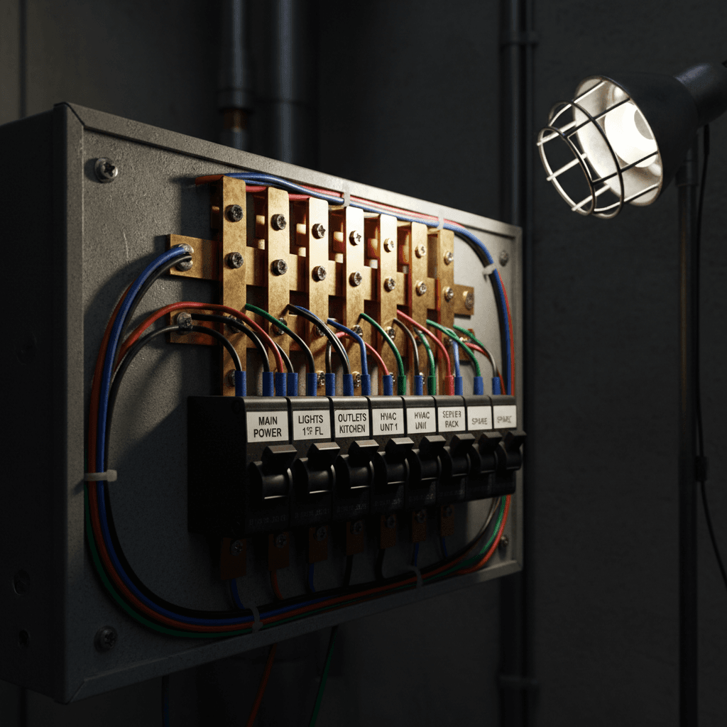 Cleanly wired electrical panel with labeled breakers