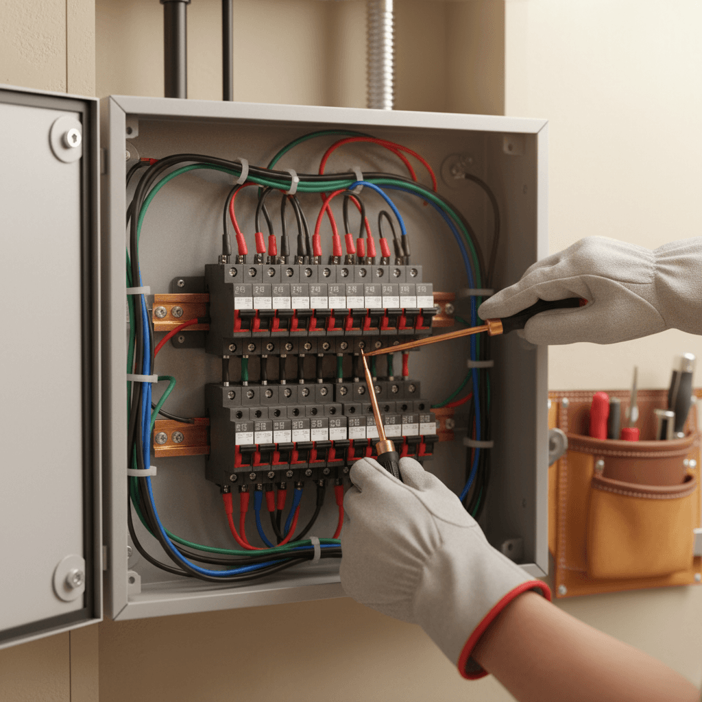 Newly installed electrical panel with organized wiring