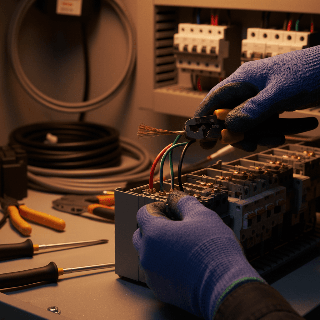 Hands working with wiring in a junction box