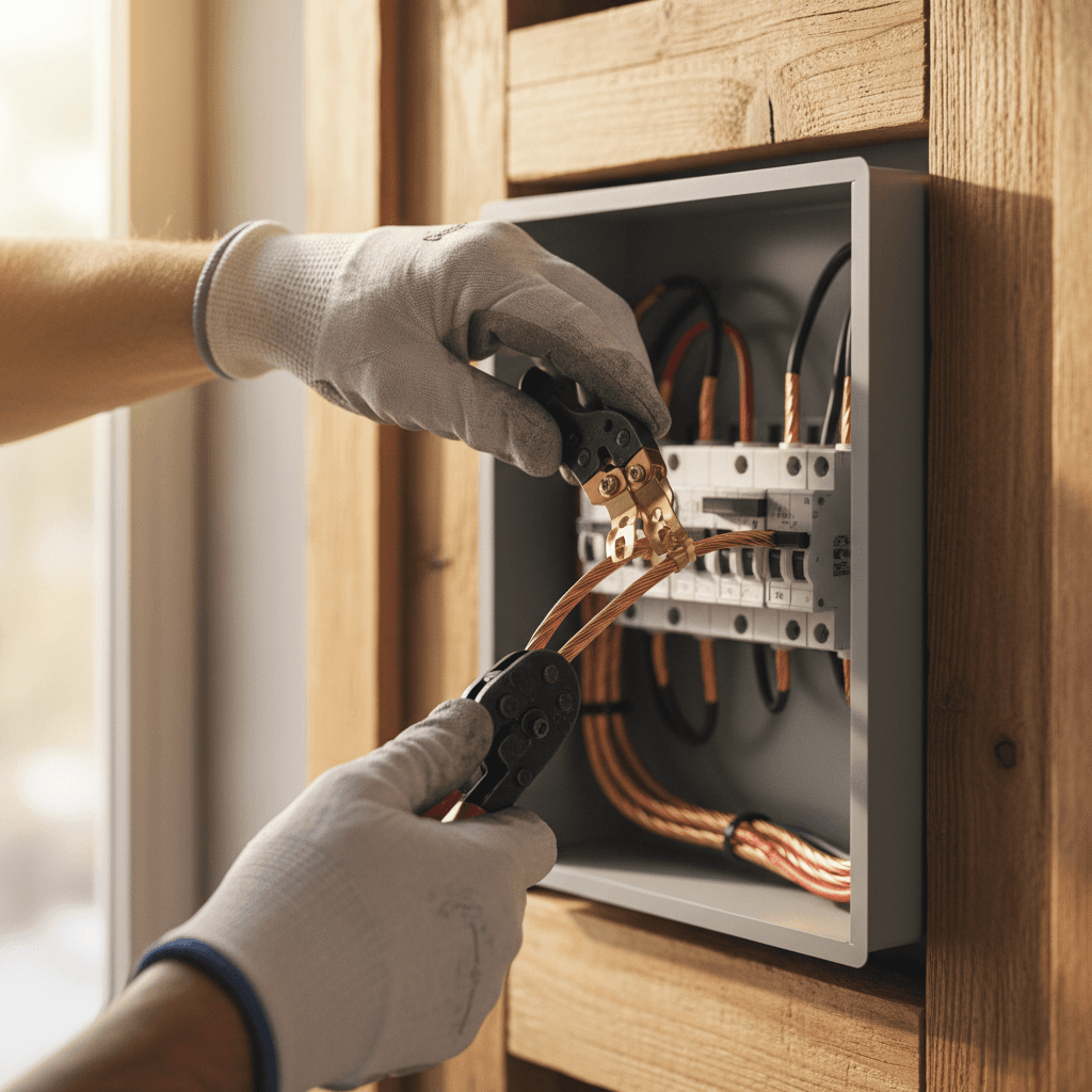 Electrician's hands holding coiled electrical wire