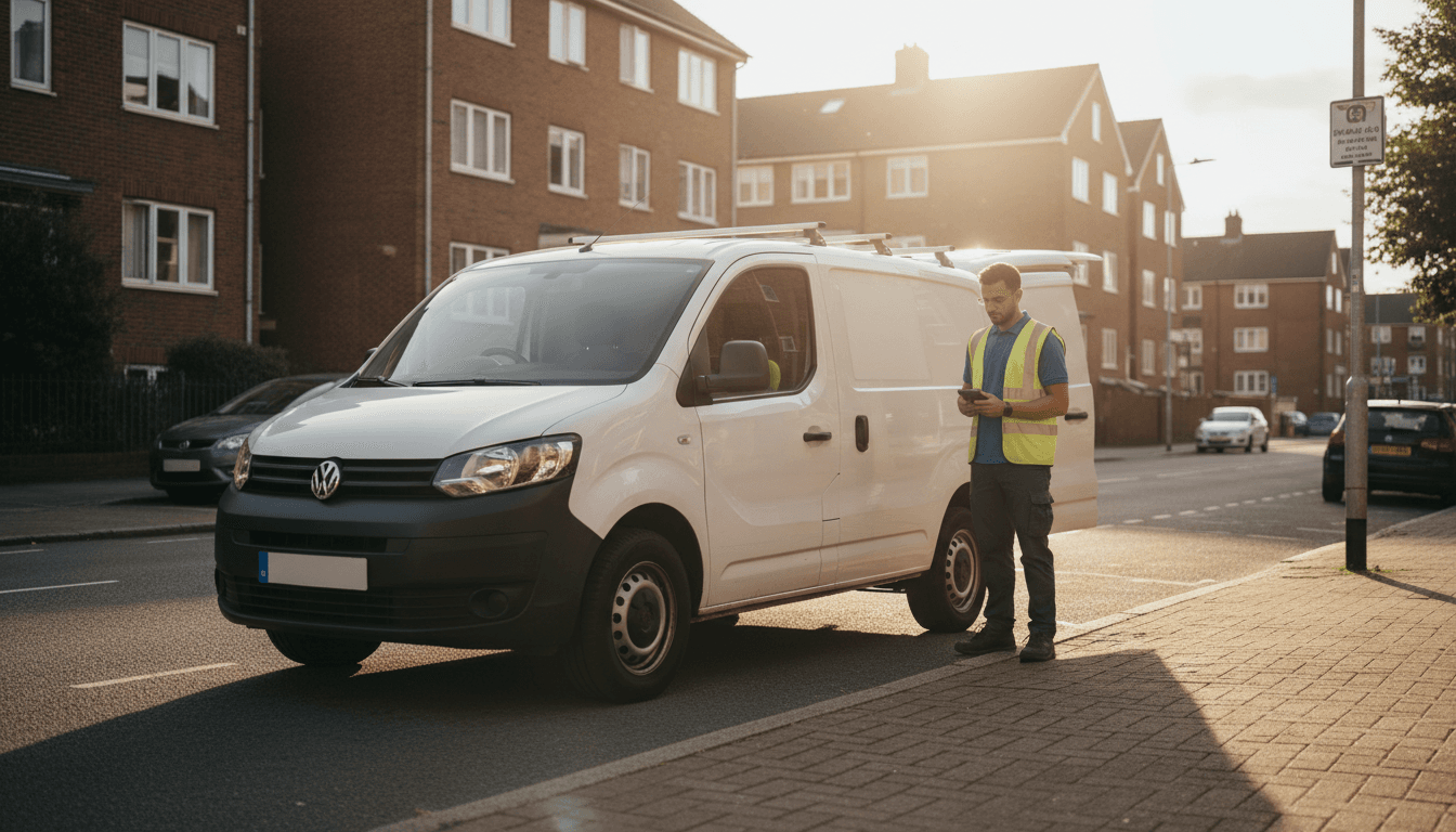 White work van parked on a residential street