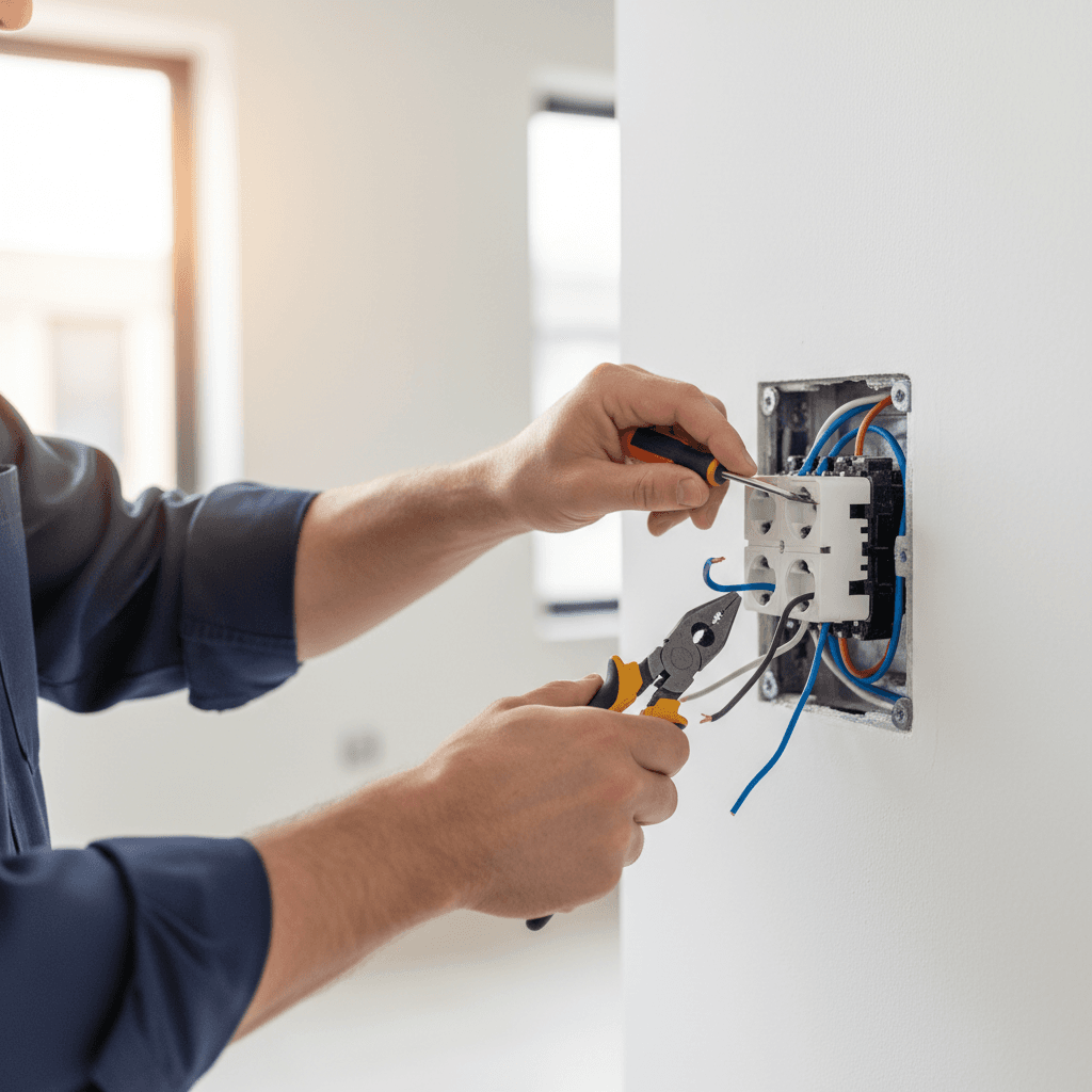 Electrician testing a wall outlet with a multimeter