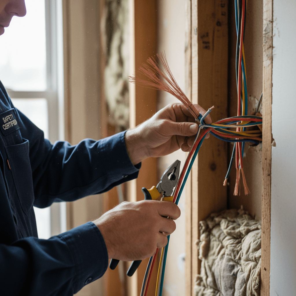 Electrician's hands stripping a wire