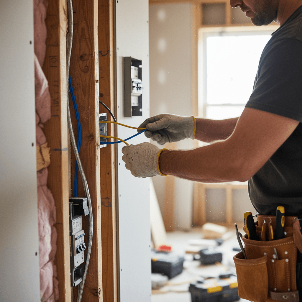 Electrician's hands feeding electrical cable through a stud